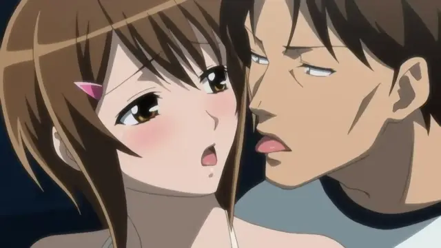A close-up of a surprised anime girl with a pink heart in her hair and a shocked expression as a man leans in close to her face with a serious, intense look. Screenshot from Joshikousei no Koshitsuki - Episode 1