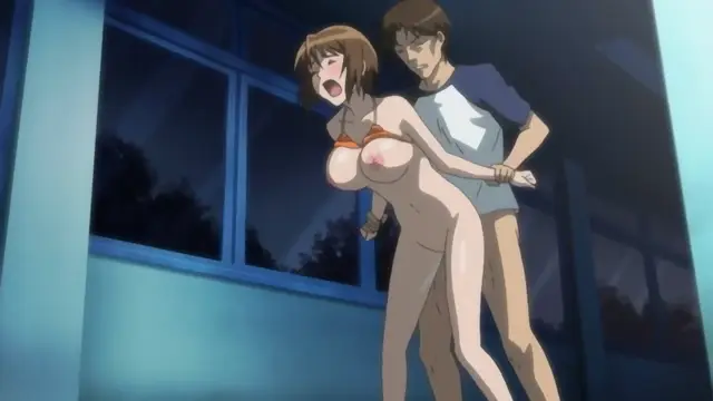 A scantily clad woman with large breasts is being held from behind by a man who has his arms around her waist and his hands on her hips in front of a building. Screenshot from Joshikousei no Koshitsuki - Episode 1