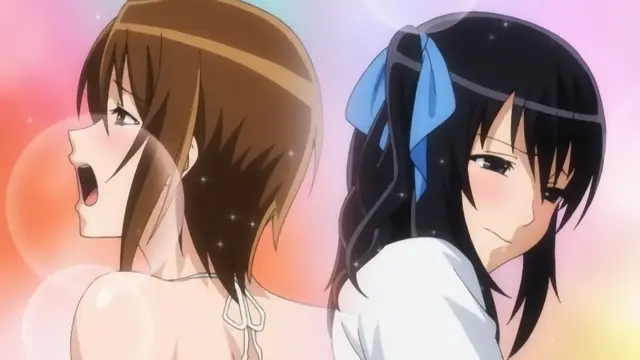 A brown-haired girl with an open mouth and a white camisole faces a black-haired girl with a blue ribbon who has a sly smirk on her face. Screenshot from Joshikousei no Koshitsuki - Episode 1