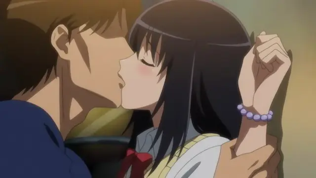 A male anime character and a female anime character with black hair are shown in a close-up, intimate shot as they share a kiss. Screenshot from Joshikousei no Koshitsuki - Episode 1