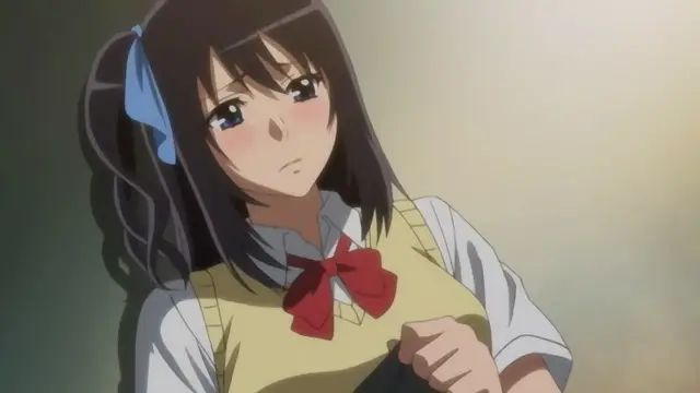 A blushing anime girl with long dark hair and a blue ribbon tie wears a yellow school uniform while looking downwards with a timid expression. Screenshot from Joshikousei no Koshitsuki - Episode 1