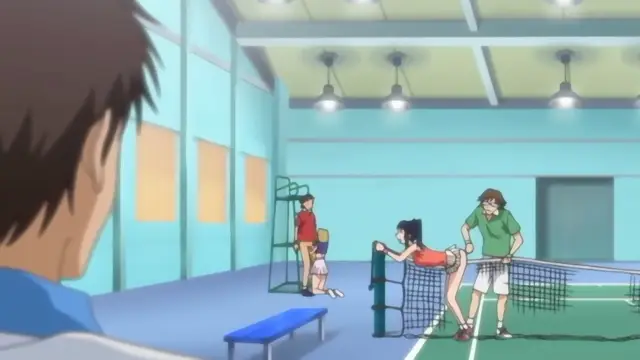 A young woman in a red top and short shorts leans over a volleyball net while a man in a green shirt watches her from behind, as another man stands nearby and a boy in the foreground observes the scene from inside a gym. Screenshot from Joshikousei no Koshitsuki - Episode 2