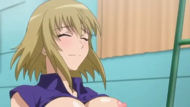 A blonde anime woman with closed eyes and a blushing face smiles while pushing her large breasts forward in a blue top. Screenshot from Joshikousei no Koshitsuki - Episode 2