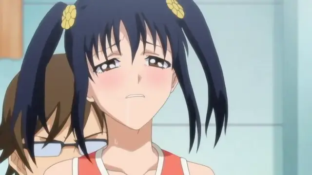 A blushing girl with long dark blue hair and twin tails in a red sports jersey looks distressed as a man with glasses stands behind her. Screenshot from Joshikousei no Koshitsuki - Episode 2