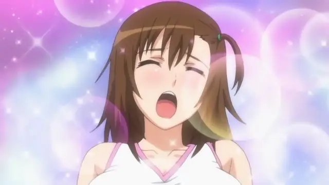 A brown-haired anime girl with a happy expression and open mouth poses against a sparkling pink and blue background while wearing a white and pink sports top. Screenshot from Joshikousei no Koshitsuki - Episode 2