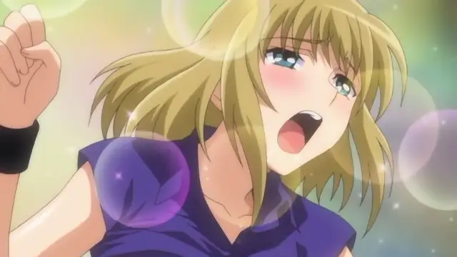 A blonde anime girl with a surprised expression and a blushing face wears a purple sleeveless top and a black wristband while raising a clenched fist. Screenshot from Joshikousei no Koshitsuki - Episode 2
