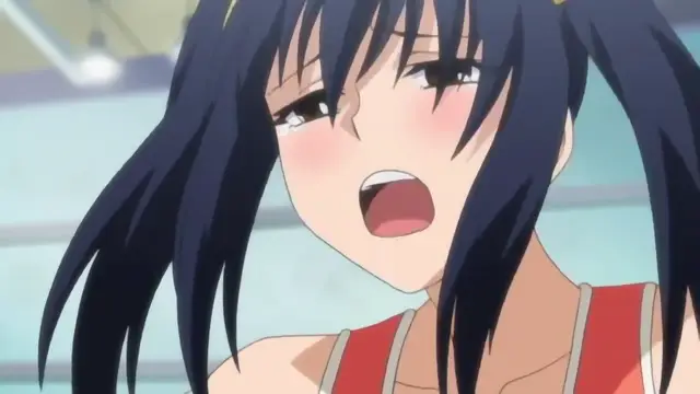 A close-up shot shows a blue-haired anime girl with a blushing face and open mouth, wearing a red sports top. Screenshot from Joshikousei no Koshitsuki - Episode 2