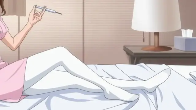 A girl in a pink nightgown and white stockings sits on a bed, holding a large syringe. Screenshot from Joshikousei no Koshitsuki - Episode 3