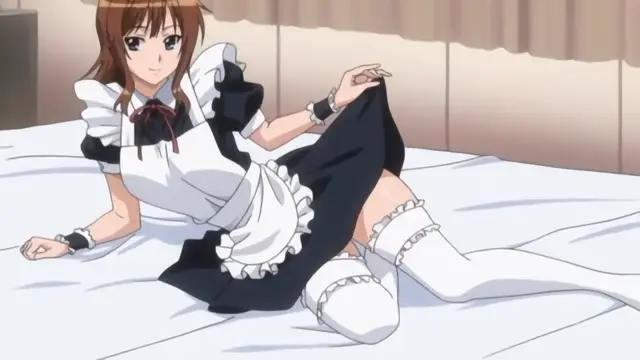 An anime girl with long brown hair wearing a black and white ruffled maid outfit sits on a white bed with her legs spread apart. Screenshot from Joshikousei no Koshitsuki - Episode 3