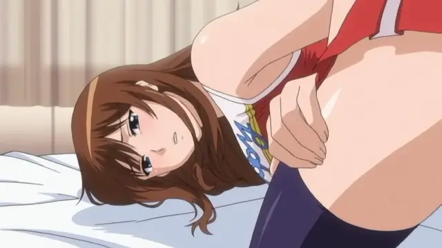 An anime girl with brown hair and a headband lies on a bed while a larger, naked person with a muscular build towers over her, their large genitals pressing against her chest. Screenshot from Joshikousei no Koshitsuki - Episode 3
