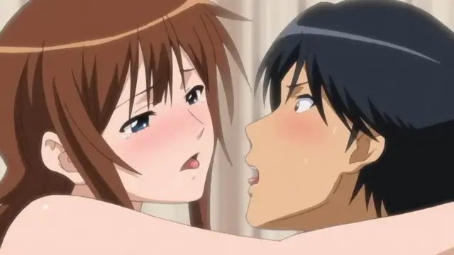A blushing anime girl with long brown hair and a muscular man with black hair face each other closely, with their bodies pressed together against a white curtain. Screenshot from Joshikousei no Koshitsuki - Episode 3