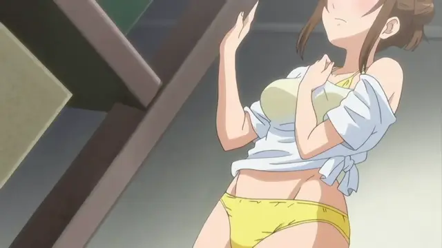 A blushing girl with brown hair stands in a bathroom wearing a white shirt tied around her chest and yellow panties while making a "peace" sign with one hand. Screenshot from Joshikousei no Koshitsuki - Episode 5