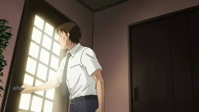 A man in a white short-sleeved shirt and tie stands in a dimly lit room, peering through a sliding paper door with a shocked expression while holding a remote control. Screenshot from Joshikousei no Koshitsuki - Episode 5