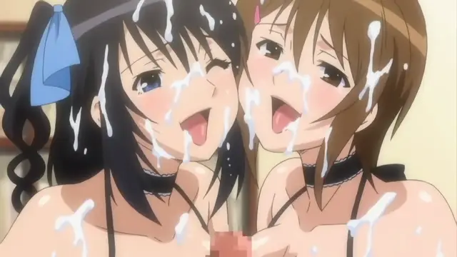 Two anime girls with long hair and collars are covered in white fluid and look excited with their mouths open. Screenshot from Joshikousei no Koshitsuki - Episode 5