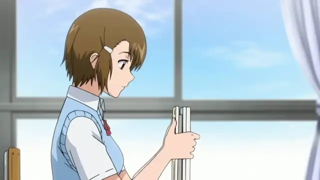 A young girl with short brown hair wearing a blue school uniform stands in a classroom, holding a stack of books and looking forward with a neutral expression. Screenshot from Joshikousei no Koshitsuki - Episode 6