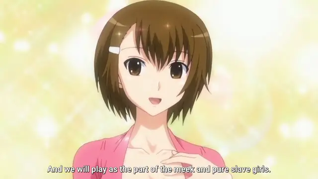 A brown-haired anime girl in a pink robe smiles while looking forward with the subtitle "And we will play as the part of the meek and pure slave girls.". Screenshot from Joshikousei no Koshitsuki - Episode 6