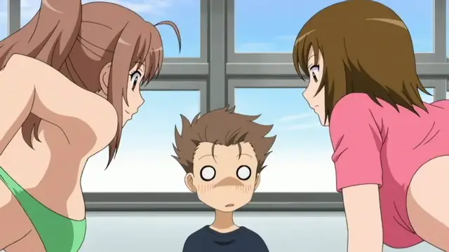 A blushing, shocked boy with wide eyes sits between two girls who are leaning in close to him, one wearing a green bikini top and the other a short pink shirt. Screenshot from Joshikousei no Koshitsuki - Episode 6