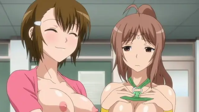 Two anime girls with large breasts stand side by side, with the one on the left smiling broadly while the one on the right looks on with a neutral expression. Screenshot from Joshikousei no Koshitsuki - Episode 6