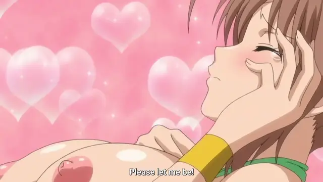 A blushing anime girl with brown hair and a gold wristband lies on her side, covering her face with one hand while her large breasts are visible in the foreground against a pink background filled with floating hearts and the subtitle "Please let me be!". Screenshot from Joshikousei no Koshitsuki - Episode 6