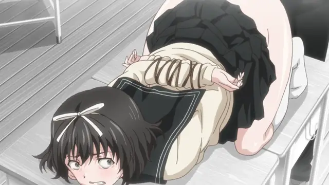 A shocked-looking anime girl with black hair is lying face down on a white table while being penetrated from behind by a male character. Screenshot from Euphoria - Episode 1