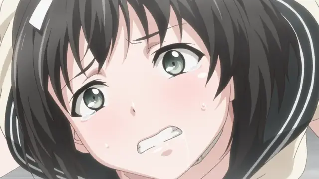 An anime girl with long dark hair and a white hair clip has a tearful, blushing face with sweat on her cheek as she looks upward with an expression of distress. Screenshot from Euphoria - Episode 1