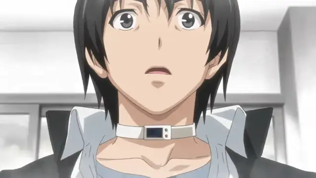 A close-up shot of a shocked male anime character with black hair and wide eyes wearing a white choker and an open shirt. Screenshot from Euphoria - Episode 1