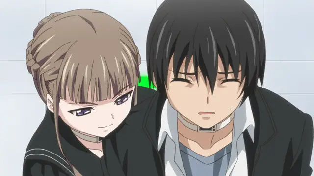 A girl with brown hair tied in a braided bun and a boy with black hair, both wearing collars and school uniforms, stand close together with heavy-lidded eyes and sweat on their faces. Screenshot from Euphoria - Episode 1