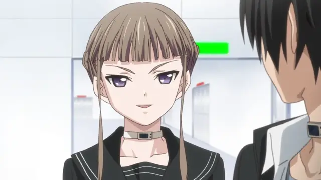 A brown-haired girl with purple eyes and a choker smiles at a boy with dark hair in a scene from an anime. Screenshot from Euphoria - Episode 1