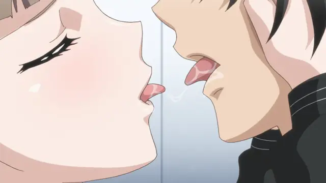 A close-up of a blushing anime girl with closed eyes and an open-mouthed anime boy facing each other in a passionate, intimate scene. Screenshot from Euphoria - Episode 1