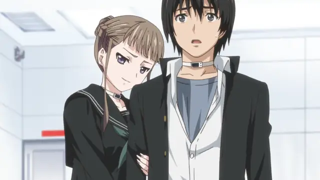 A girl with brown hair in a school uniform stands close behind a surprised-looking boy with black hair, both wearing collars, in a scene from an anime. Screenshot from Euphoria - Episode 1
