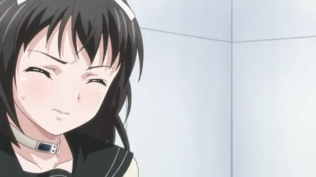 A close-up shot of an anime girl with black hair and cat ears, wearing a choker and a school uniform, blushing and looking towards the side. Screenshot from Euphoria - Episode 1
