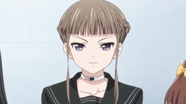A young anime girl with brown hair in a bob cut and bangs, wearing a school uniform with a white collar and a choker, looks forward with a slight smile. Screenshot from Euphoria - Episode 1