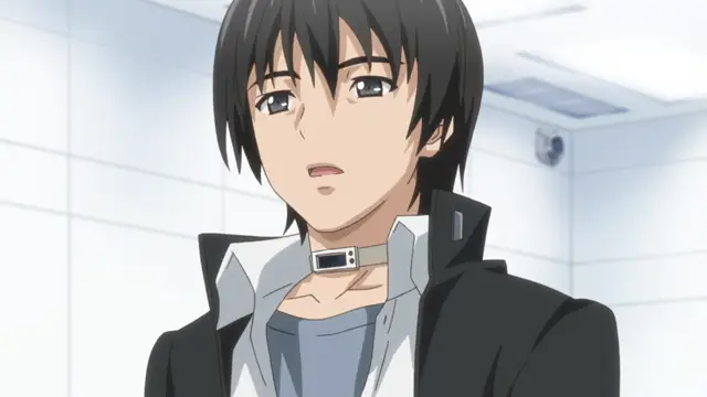 A shocked young man with black hair and a collar around his neck stands in a sterile, white-walled room. Screenshot from Euphoria - Episode 1
