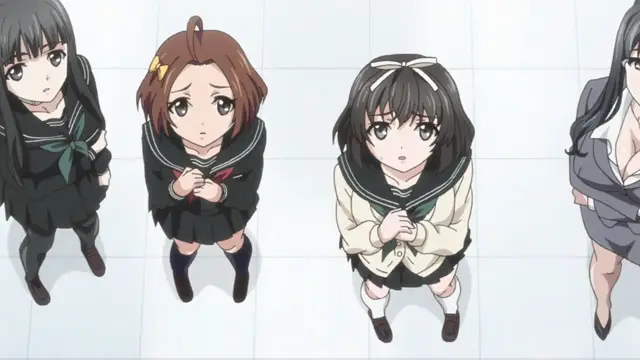 Four anime girls in school uniforms stand in a white-tiled room, with the girl on the far right partially undressing and looking towards the others. Screenshot from Euphoria - Episode 1