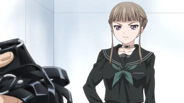 A girl with light brown hair and a choker wearing a dark school uniform stands in a white room with a serious expression while a muscular man in black armor stands before her. Screenshot from Euphoria - Episode 1