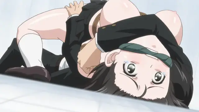 A high-angle shot shows a girl with large breasts, a school uniform, and a headband lying on her back with her legs spread wide, looking up with a distressed expression. Screenshot from Euphoria - Episode 2