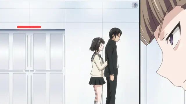 A girl in a school uniform stands behind a taller boy in a black uniform, clutching his back in what appears to be an intimate hallway scene. Screenshot from Euphoria - Episode 2