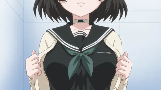 A young woman with short black hair and a choker wears a Japanese school uniform while pulling open her blazer to reveal her large breasts. Screenshot from Euphoria - Episode 2