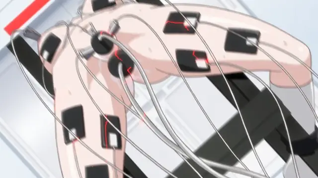 A woman with multiple black pads and cables attached to her body lies on a table in a laboratory setting. Screenshot from Euphoria - Episode 2