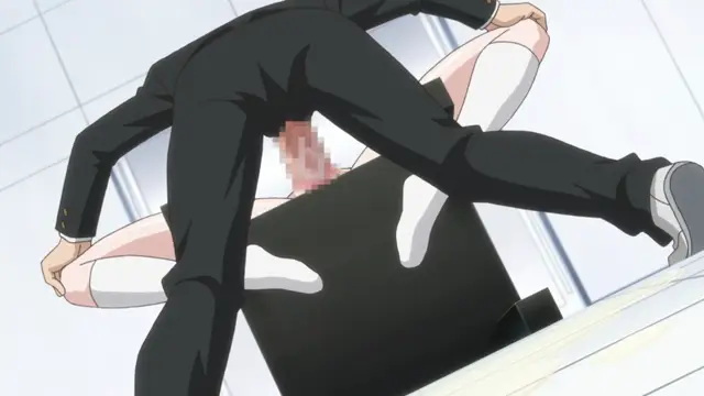A man in a black suit is shown from the back, standing over a woman who is lying on a desk with her legs spread, engaged in a sexual act with her genitals blurred. Screenshot from Euphoria - Episode 2