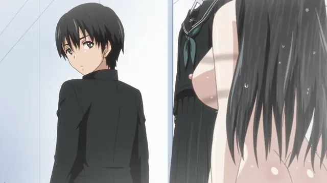 A boy with black hair and a black uniform looks toward a girl with long black hair who is partially undressed, showing her bare chest and breasts. Screenshot from Euphoria - Episode 3