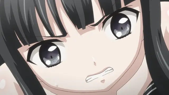 An anime girl with black hair and large eyes looks on with a determined, slightly annoyed expression, her mouth pulled into a frown. Screenshot from Euphoria - Episode 3