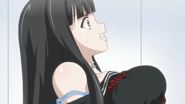 A black-haired anime girl with a sweat drop on her face and wide eyes looks upwards with a shocked expression while being pressed against a wall, her breasts pushed forward by an unseen force. Screenshot from Euphoria - Episode 3