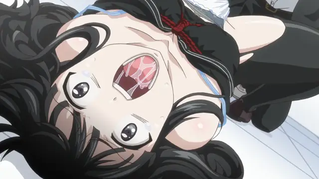 A Japanese woman with long black hair and a wide-eyed, sweating expression screams while lying on her back in a black kimono, her mouth open in an "O" shape as she appears to be being pleasured or overwhelmed. Screenshot from Euphoria - Episode 3