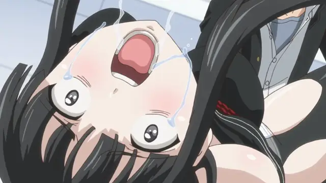 A high-angle shot shows a long-haired anime girl with a shocked expression and wide eyes lying on her back as a man in a school uniform stands over her, his hands on her hips. Screenshot from Euphoria - Episode 3