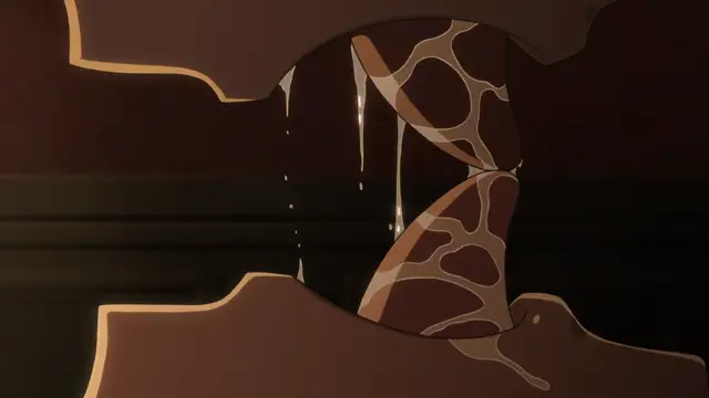 An anime girl with brown hair is being fucked from behind while on her hands and knees with white fluid dripping down her back. Screenshot from Euphoria - Episode 3