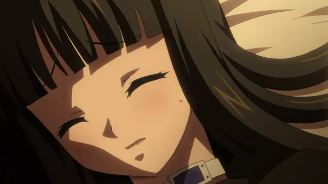 An anime girl with long dark hair and a choker has a blissful expression with her eyes closed and a small tear on her cheek. Screenshot from Euphoria - Episode 3