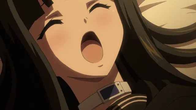 A close-up of an anime girl with long dark hair and a blush on her face, wearing a choker with a small electronic device, with her eyes closed and mouth open in a gasp. Screenshot from Euphoria - Episode 3