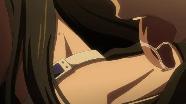 A close-up shot of an anime girl with long dark hair being penetrated by a male character from behind, with her back arched and a white strap visible across her chest. Screenshot from Euphoria - Episode 3