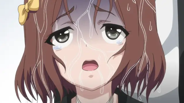 A close-up of an anime girl with brown hair and a yellow hair clip, crying with tears in her eyes and drooling from her mouth. Screenshot from Euphoria - Episode 4